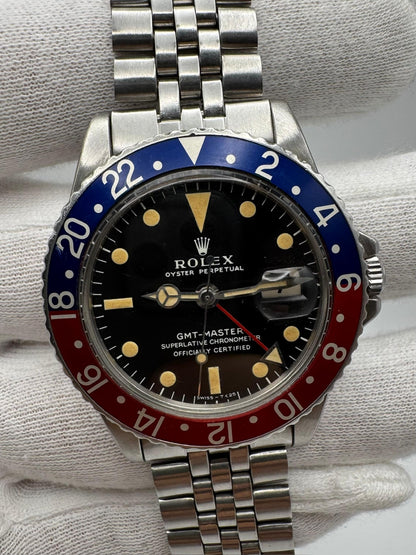 Rolex GMT-Master 1675 MK1 Long E Pepsi Insert Zinc Sulfide Yellow Patina Lume 1968