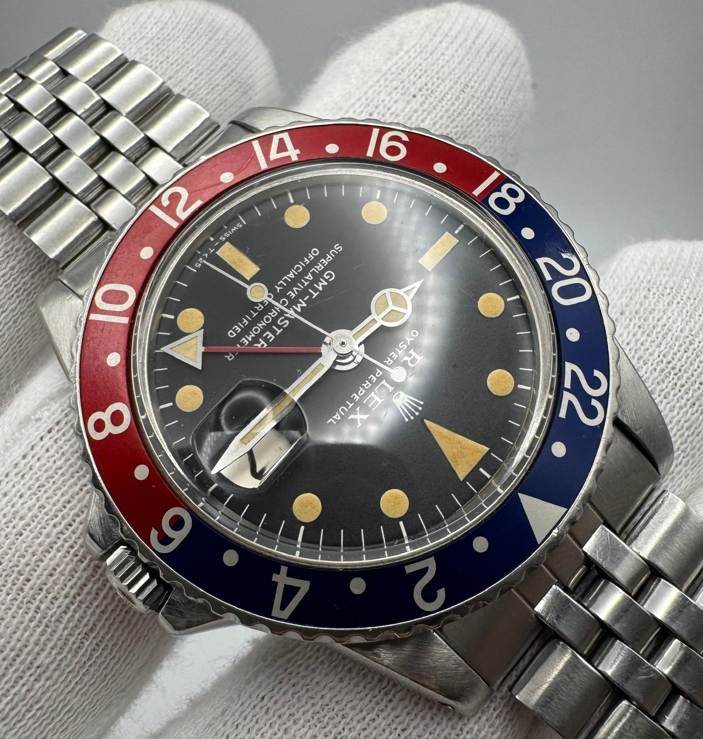 Rolex GMT-Master 1675 MK1 Long E Pepsi Insert Zinc Sulfide Yellow Patina Lume 1968