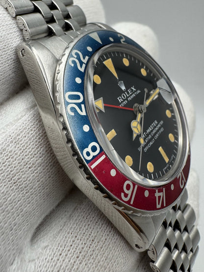 Rolex GMT-Master 1675 MK1 Long E Heavy Patina Pepsi Red Back Jubilee 1967 (Full-Set/Serviced)