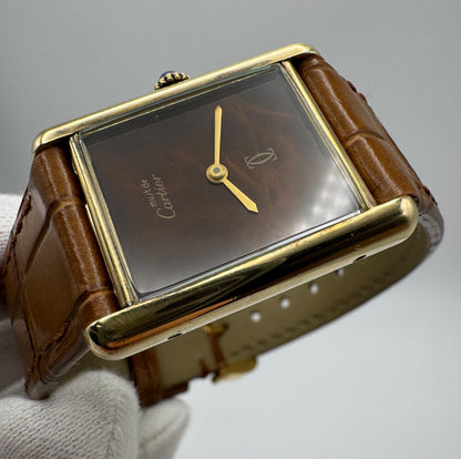 Cartier Tank Vermeil Gold Plated Wood Dial Manual Winding 1990 (Unpolished)
