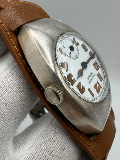 Movado Vintage Military Trench Watch Sterling Silver Large Case Porcelain Dial 1920s (Unpolished)