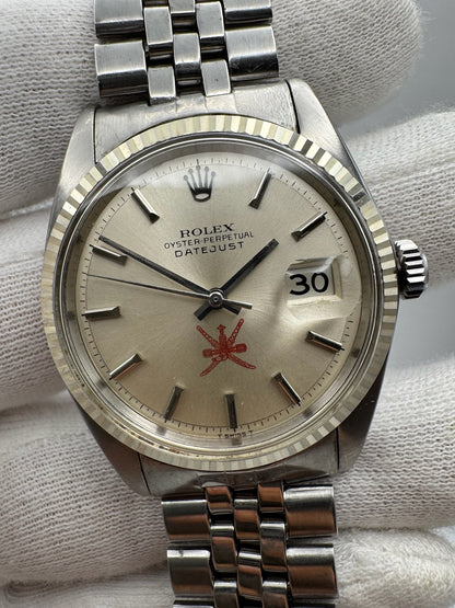 Rolex Datejust 36 1601 Red Khanjar Sultanate Of Oman Logo Silver Dial No Lume 1971 (Serviced)