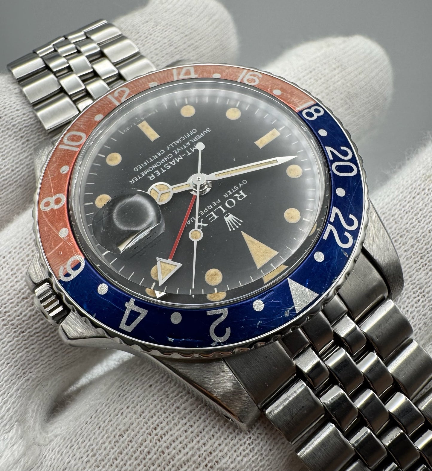Rolex GMT-Master 1675 MK1 Long E Yellow Patina Pepsi Insert 1968