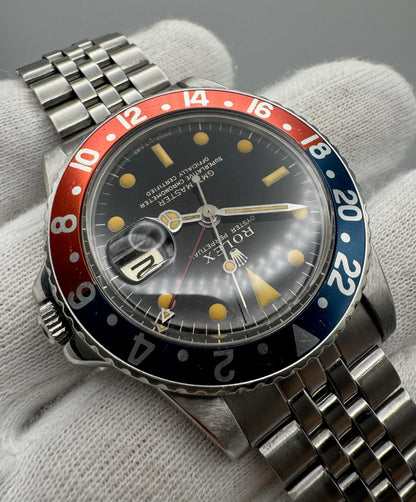 Rolex GMT-Master 1675 Glossy Gilt Mega Font Pepsi Insert Heavy Zinc Sulfide Patina 1964 (Serviced)