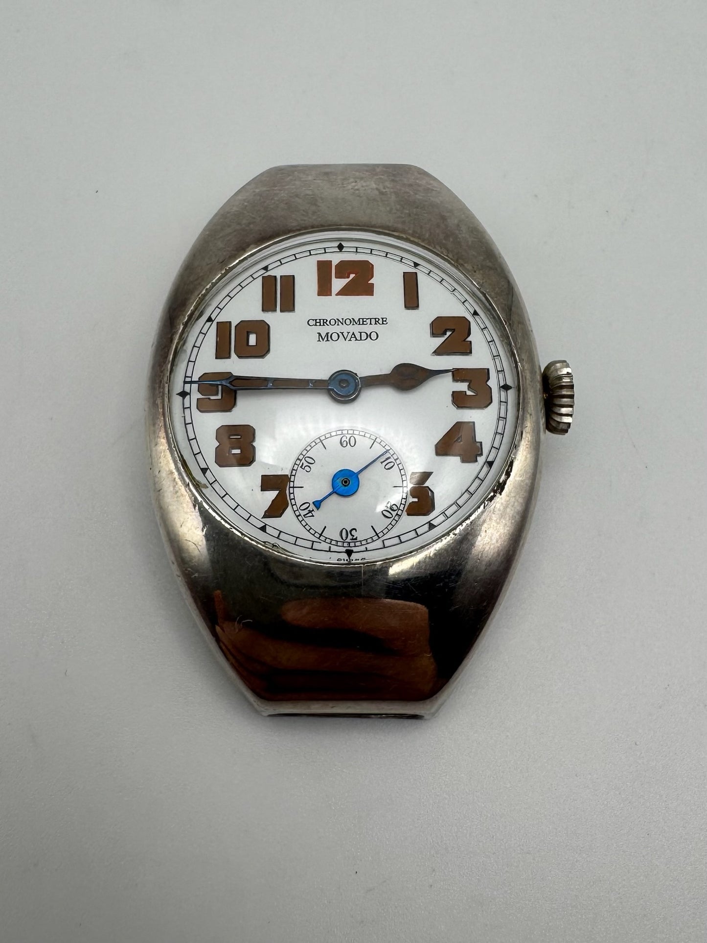 Movado Vintage Military Trench Watch Sterling Silver Large Case Porcelain Dial 1920s (Unpolished)