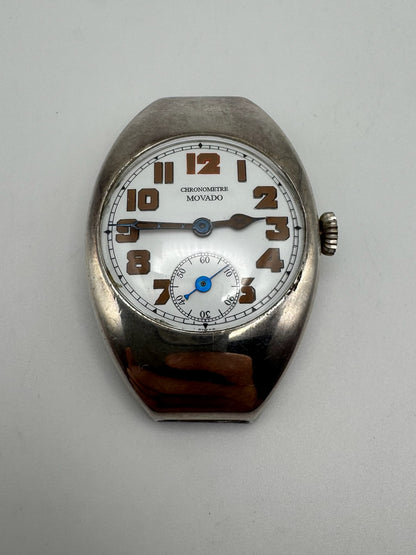 Movado Vintage Military Trench Watch Sterling Silver Large Case Porcelain Dial 1920s (Unpolished)