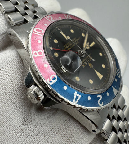 Rolex GMT-Master 1675 PCG Eagle Beak Tropical Glossy Gilt Chapter Ring Exclamation Point Faded Red Back Pepsi Vintage 1963 (Full-Set/Serviced)