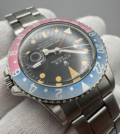 Rolex GMT-Master 1675 MK1 Long E Yellow Patina Red Back Faded Pepsi Insert 1970 (Serviced)
